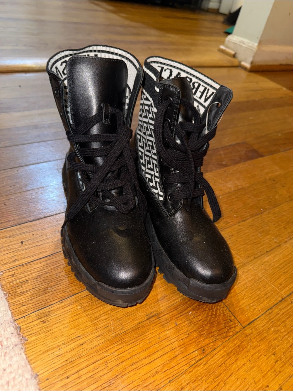 Versace Black Kids Combat Boots with Logo Knit Lining
